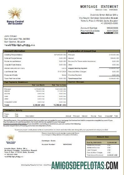 Declaração de hipoteca bancária do Banco Central do Equador Scr exemplo real